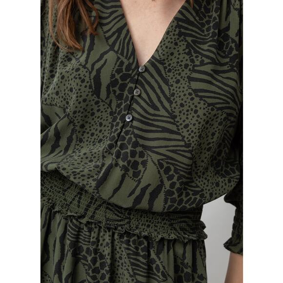 Rails Zana Mini Olive Mixed Animal Stripe Dress Womens XS Long Sleeve V Neck - Picture 4 of 15